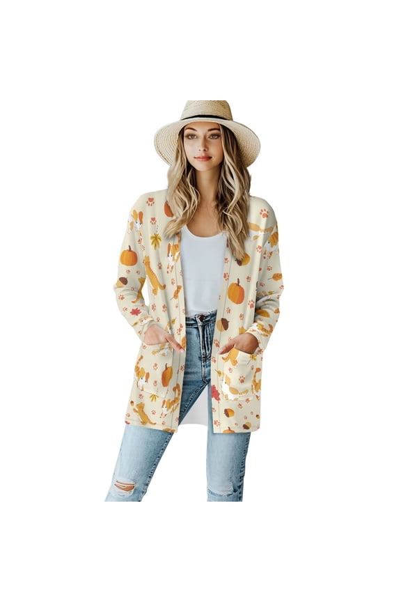 Fall Pumpkins Women's Cardigan Cute Cat Sweaters Open Front Long Sleeve Cardigan Dressy Casual Trendy Lightweight Jacket Coat Drape Dusters for Women