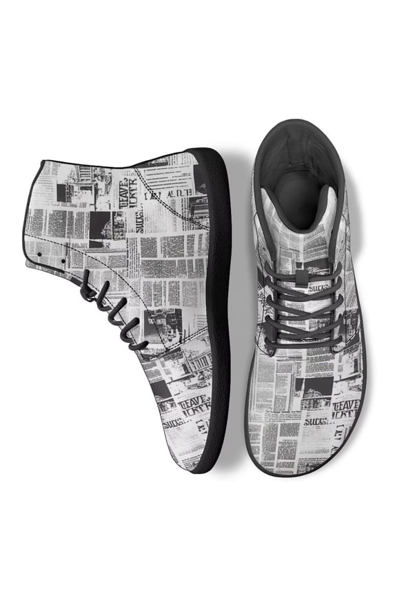 Fashion Newspaper Print High Top Barefoot Shoes for Women Men Fashion PU Leather Lace Up Sneakers for Outdoor Work Travel