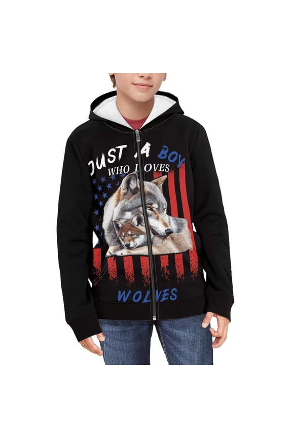 Fashion Wolf Athletic Zip Up Jacket for Youth Hooded Long Sleeve with Pockets Lightweight Sports Top Size 12-14