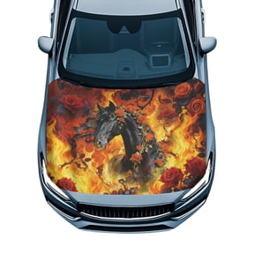Chririnla Fiery Black Horse & Red Roses Car Hood Cover - Waterproof Sunproof Auto Exterior Decoration - Universal Fit for Trucks, SUVs & Sedans
