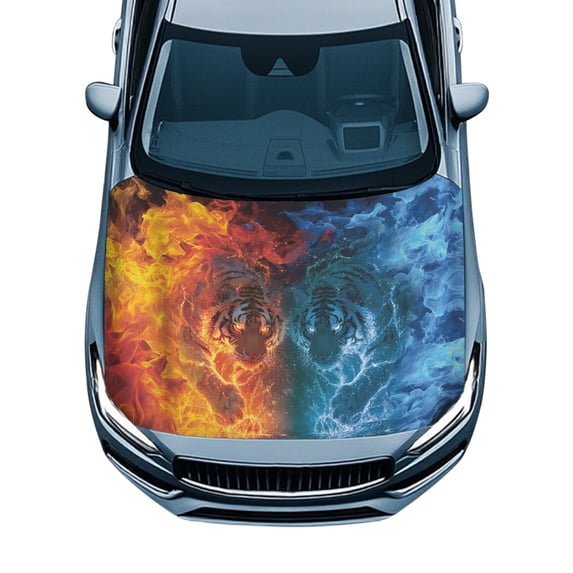 Chririnla Fire & Ice Tiger Car Hood Cover - Weatherproof Stretch Fabric Hood Protector - Universal Fit for Cars, Trucks & SUVs - Decorative Automotive Accessory