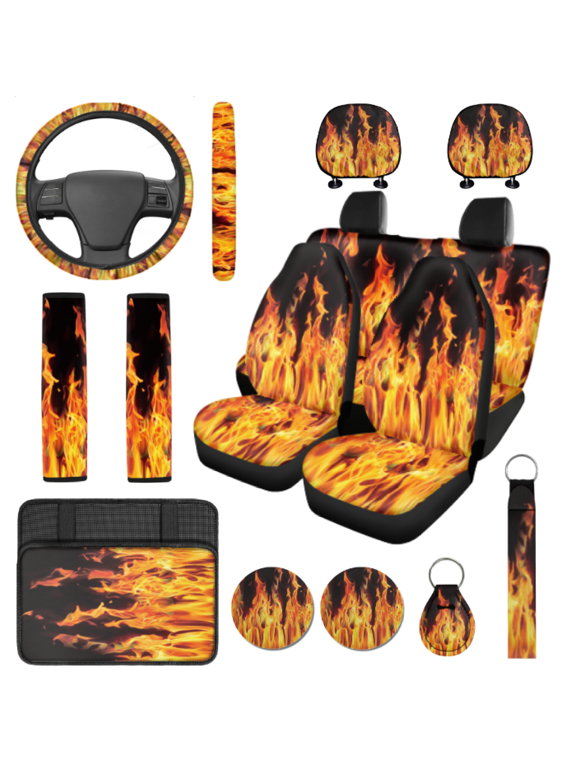 Fire Pattern Car Interior Accessory Kit, with Steering Wheel Cover Auto Cup Holder Coaster, Compatible with Vans Trucks