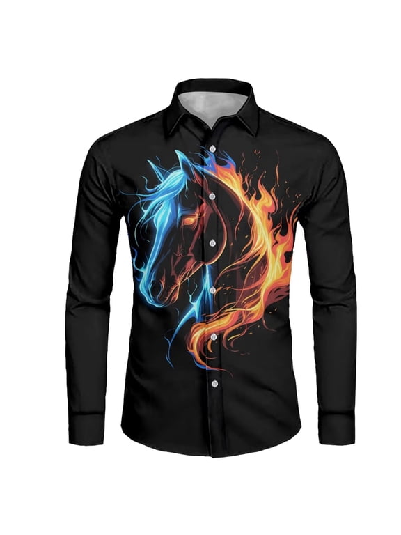 Flame Lightning Horse Dress Shirts for Men Business Button Down Shirt Breathable Long Sleeve T-Shirt with Soft Fabric Mens Lightweight and Comfy Wear for Derby Party