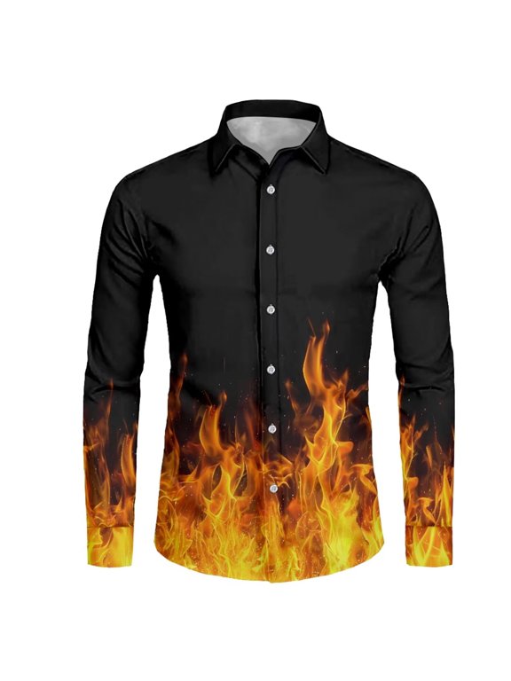 Flame Print Dry-Fit Shirts for Men Long Sleeve Blouse Top Casual Button Down Blouse Shirts Dry-Fit Comfy Shirt with Soft Fabric Mens Athletic Tee Tops