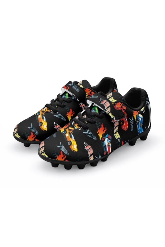 Flame Race Car Print Boys Soccer Cleats Kids Firm Ground Football Shoes for Little/Big Kid Lightweight Soccer Shoes for Sport Size 13