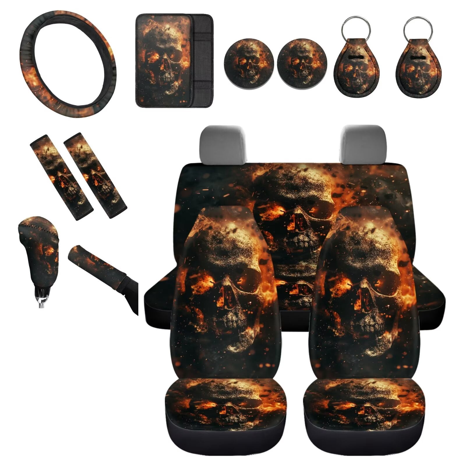 Chririnla Flame Skull Car Seat Cover Full Set for Women Men Soft Car Seats Covers for Front Rear 14Pcs Sets with Coasters, Gear Shift Cover, Steering Wheel Cushion Vehicle Interior Decoration