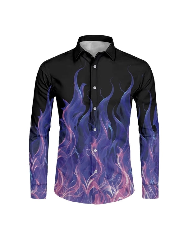 Flame T-Shirts for Men Button Down Shirt Dress Shirt Fashionable Design Long Sleeve Top Comfy and Lightweight Wear V-neck Soft Clothes Mens Hawaiian Shirt
