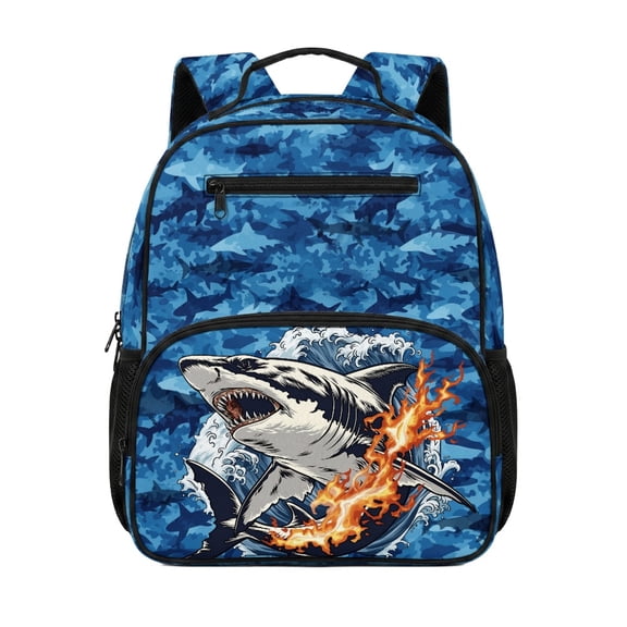 Chririnla Flaming Shark Camo Print Preschool Backpack 13.5 Inches Adjustable Strap Polyester Preschool Kids Polyester School Backpack for Kindergarten Camping