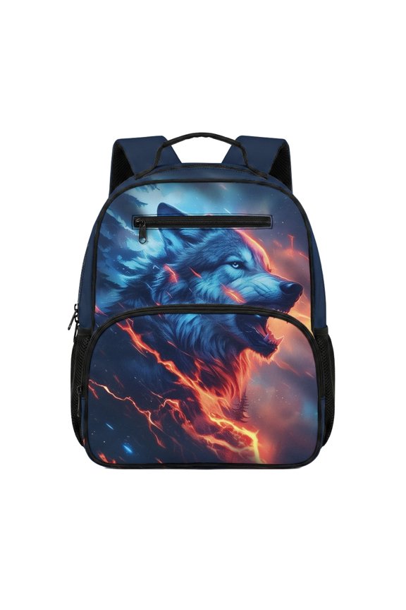 Flaming Wolf Digital Art Print Kids Backpack 13.5 Inches Practical Design Polyester Kids Preschool Durable Polyester Backpack for Daily Outdoor