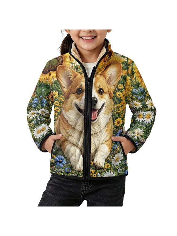 Fleece Jackets for Sports Spring, Lightweight Fit Windproof Toddler Boys Girls Fleece Jacket Polyester Girls Fleece Zip-Up Jacket Corgi Sunflower Print