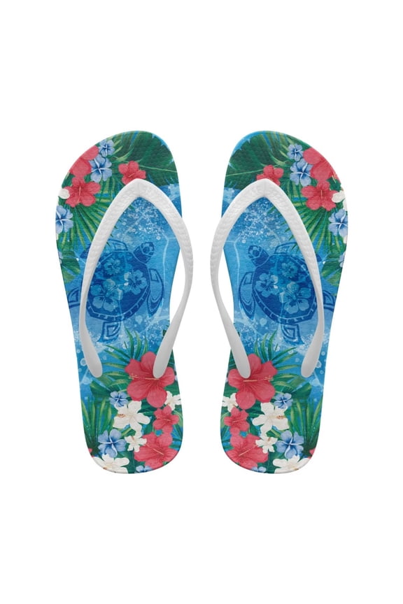 Flip Flops For Women Bathroom Tropical Sea Turtle Shower Shoes Non-Slip Cushion Indoor and Outdoor Hibiscus Sandals