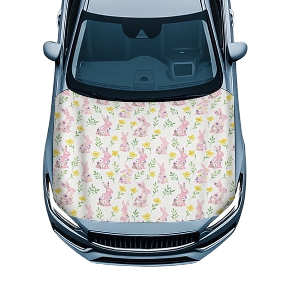 Chririnla Floral Bunny Print Car Hood Cover - Waterproof & Stretchable Auto Exterior Decor - Universal Fit for Cars, Trucks & SUVs - Easter Themed Protector