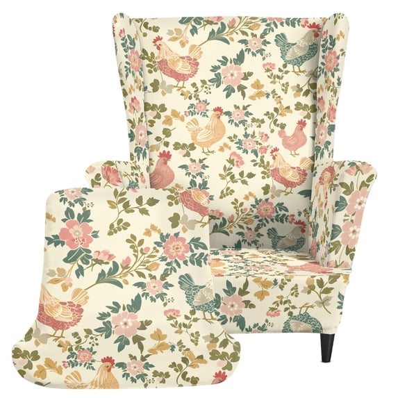 Chririnla Floral Rooster Print 2 Pieces Armchair Cover, Wear-resistant Stretch Wingback Chair Slipcover Spandex Fabric Single-Seat Wingback Armchair Covers for Bedroom Living Room