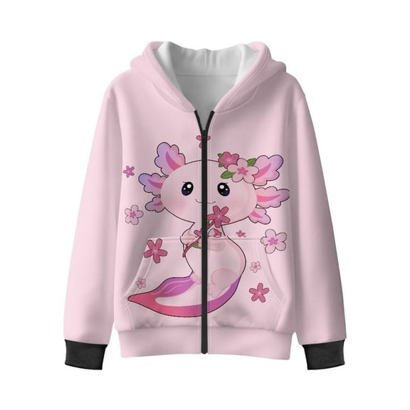 Chririnla Flower Cute Axolotl Fluffy Sweatshirt for Boys and Girls - kid Fuzzy Hoodie Comfy Casual Zip Up Jacket for Daily Use and Outdoor