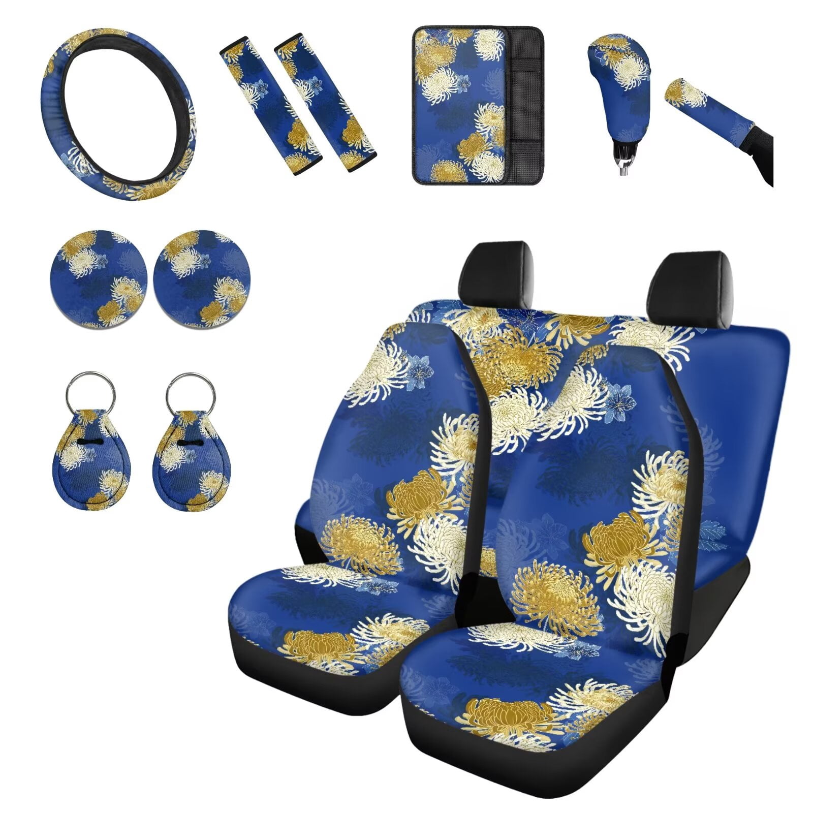 Chririnla Flower Pattern Car Seat Accessories 14 Pack Full Set Non-Slip Vehicle Front Back Seats Cushions Sets with Steering Wheel Cover, Armrest Mat, Keychain Car Interior Essentials