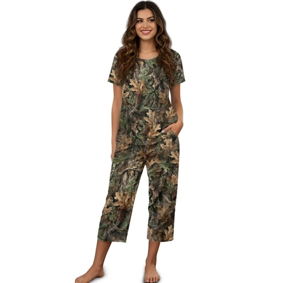 Chririnla Forest Camo Hunting Women's Capri Pajama Sets Lightweight Two Piece Short Sleeve Sleepwear Lightweight Summer Nightwear with Pockets