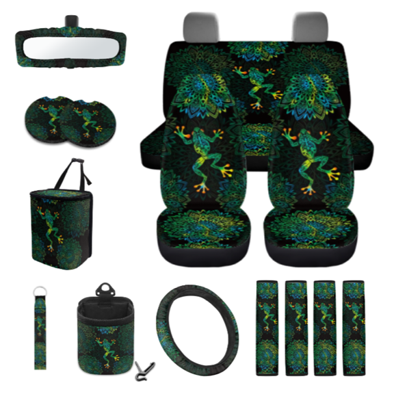 Chririnla Frog Mandala Pattern Car Seat Cover Protector Set, with Car Seat Cover Seat Protector Car Steering Wheel Cover Vehicle Cup Pad, Compatible with SUV