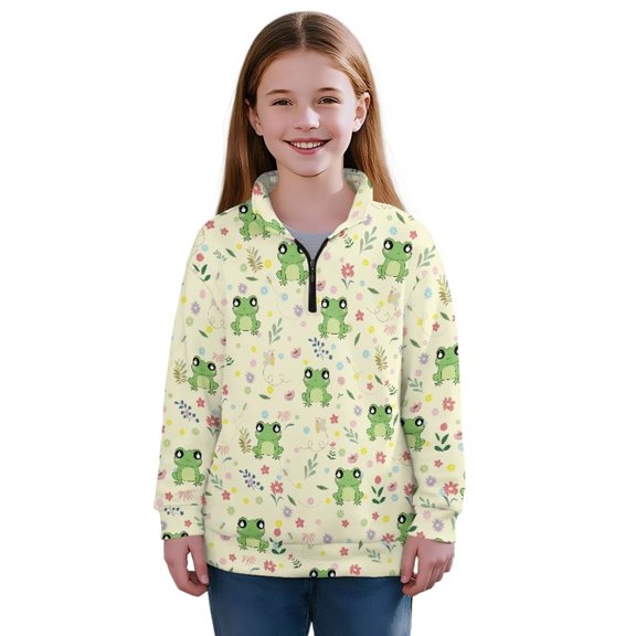Chririnla Frogs Pattern Girls Hunting Sweatshirt Half Zip Pullover Sweatshirts Outdoor Casual Top for Hunting Trip Adventure Camouflage Size 7-8