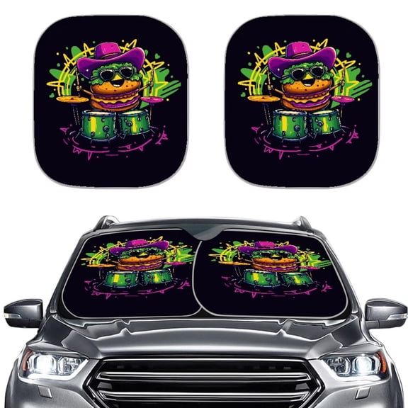 Chririnla Funny Burger Drum Car Windshield Sunshade 2Pcs Foldable Vehicle Sun Shield Universal Fit Keep Cold Automotive Interior Sun Protection Suitable for Travel Outdoor Parking
