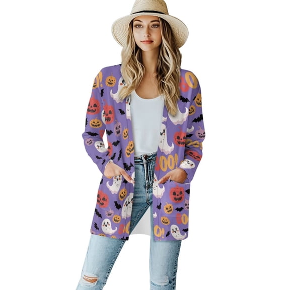 Chririnla Funny Ghost Pumpkin Bat Purple Halloween Cardigan Jackets for Women Long Sleeve Cardigans Sweater Front Open Front Jackets Shirt Plus Size Holiday Coats Tops with Pockets
