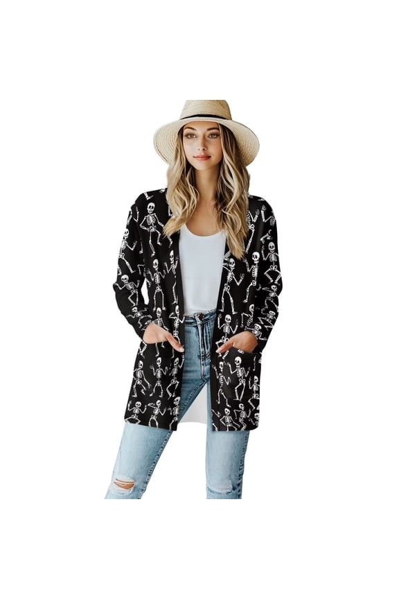 Funny Skull Skeleton Black Cardigan Sweaters for Women Long Sleeve Cardigans Open Front Fall Cardigan Sweater V-neck Jackets Dressy Loose Coat with Pockets