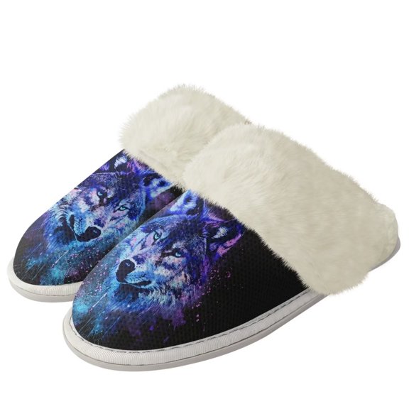 Chririnla Fuzzy Slippers for Women Non-Slip Warm Galactic Wolf Print Plush House Slippers with Anti-Skid Sole Novelty Cotton Slippers for Indoor & Outdoor