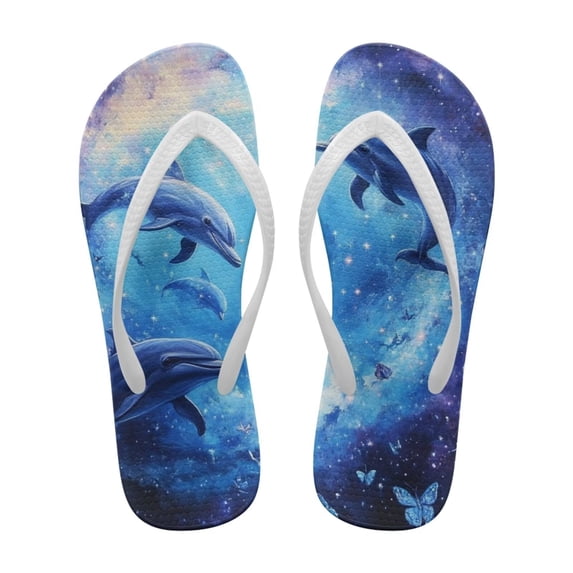 Chririnla Galaxy Dolphin Print Flip Flops for Women Beach Comfortable Casual Non-Slip Thong Sandals Butterfly Quick Dry Fashion Slip On Flats Slippers for Vacation Walking