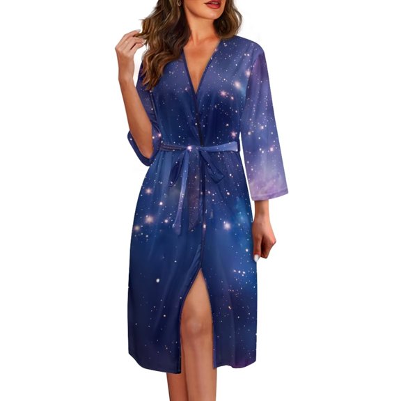 Chririnla Galaxy Starry Sky Bathrobe for Women Towel Loungewear Long Sleeve Casual Pajamas Top V Neck Nightgowns, Plus Size