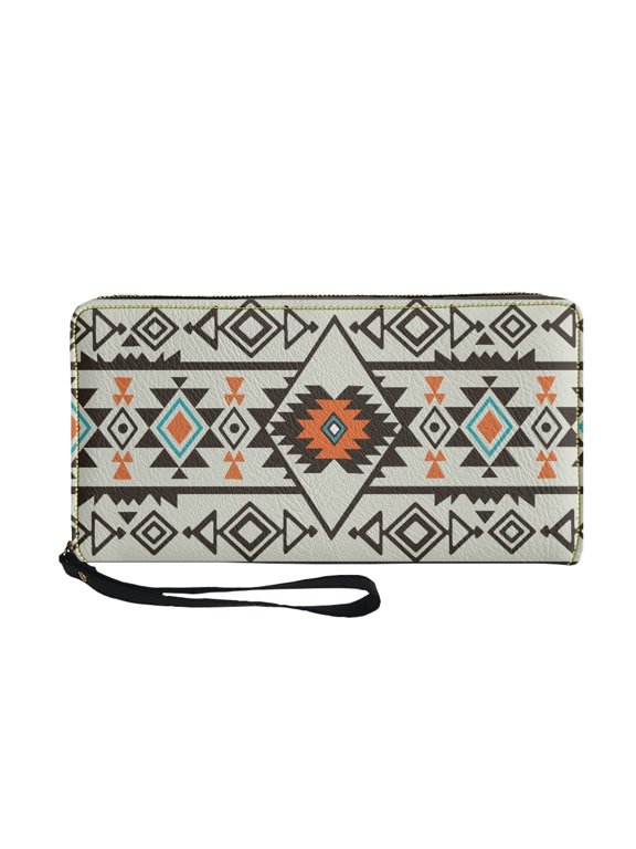 Geometric Pattern Long Purse, Zipper PU Leather Long Wallet for Shopping Travel, Zip Around Women's Wallets
