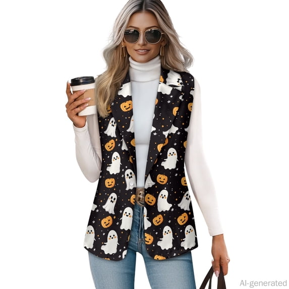 Chririnla Ghost Pumpkin Pattern Women's Suit Vest for Work Summer, One Button Outerwear Vest Lightweight Women's Sleeveless Blazer Vest