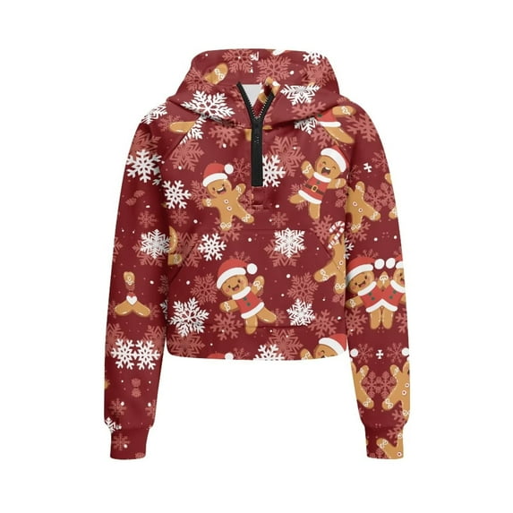 Chririnla Gingerbread Man Snowflake Half Zipper Pullovers for Girls with Pocket Long Sleeve Lightweight Sweatshirt Trendy Sporty Top Gym Daily Use Size 7-8