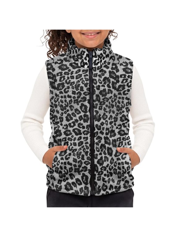 Girl Vest Black Leopard Print Pattern Zip Up Sleeveless Children's blanket warm vest for Everyday Wear Winter, Polyester Kids Fleece Vest
