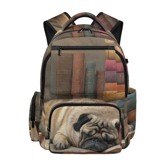 Chririnla Girl's School Bag Pug Books Print Kid's Shoulder Bookbag Large Capacity Daypack 17 Inch Travel Ruckpack for Teenager Girls