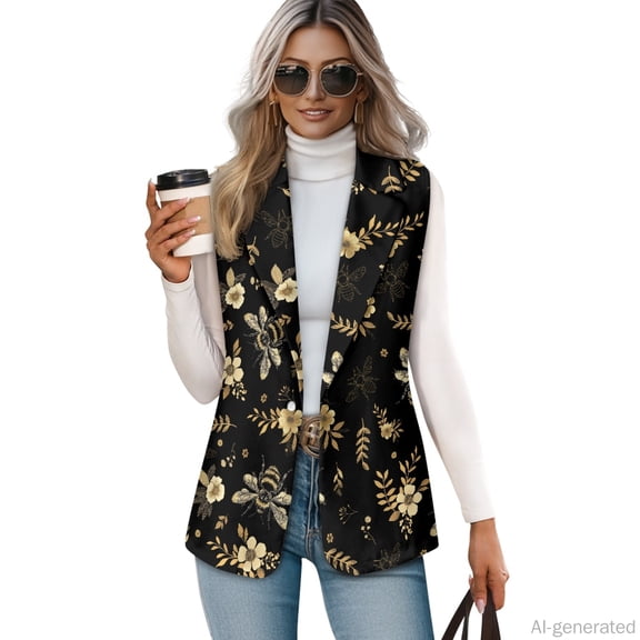 Chririnla Golden Bee & Floral Pattern, Wrinkle Resistant Open Front Waistcoat for Summer Spring, Durable Lightweight Women's Sleeveless Waistcoat Vest