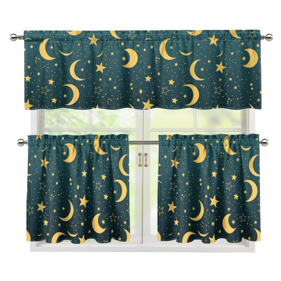 Chririnla Golden Moon Stars Print Kitchen Curtains and Valances Set for Living Room, 3 Pcs Privacy Kitchen Curtain Valance and Tiers Set