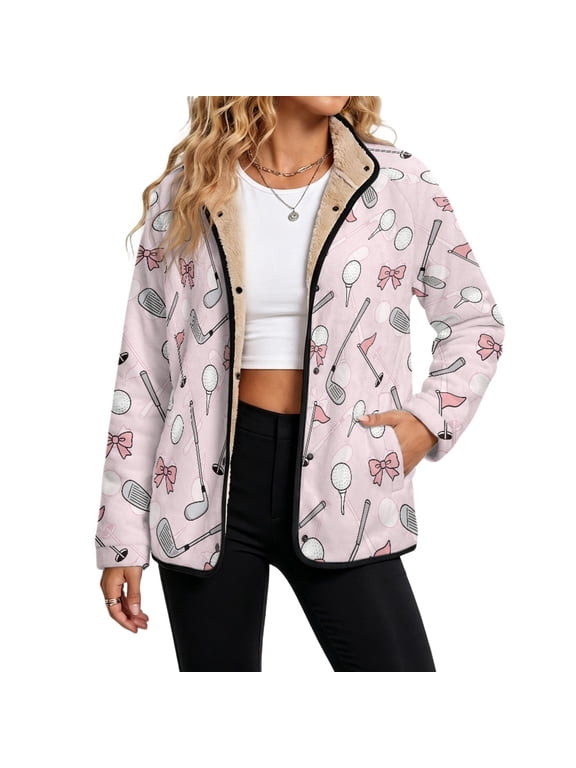 Golf Ball Bow Women Fleece Button Jacket Winter Casual Coat M