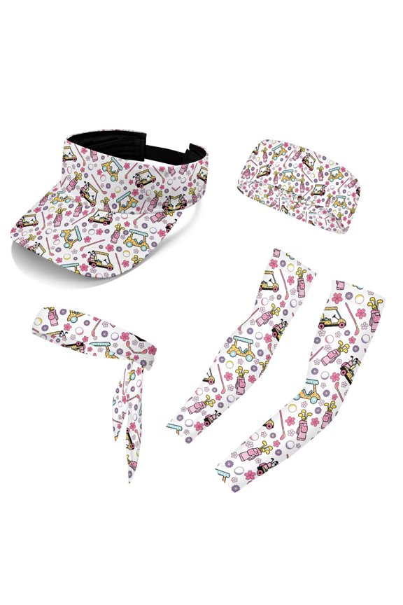 Golf Cart Ball Print Visor Cap for Mens Womens Sport Golf Sun Hat Athletic Visor and Headband and Arm Sleeves Sun Protection Set of 5