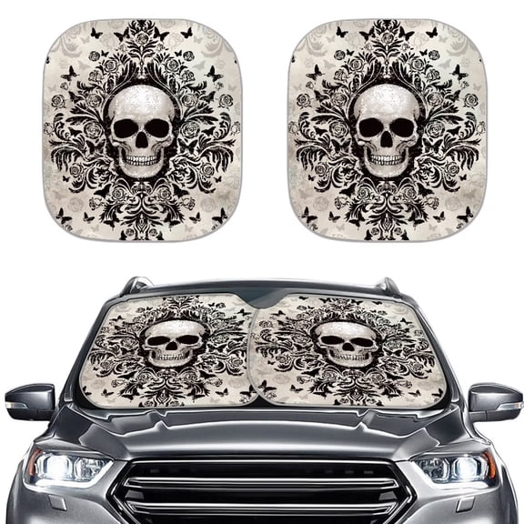 Chririnla Goth Skull Windshield Sun Shade Set of 2, Foldable Car Sunshade for Front Window, Universal Fit Sun Visor Window Cover Interior Accessories for SUV Sedan Trucks