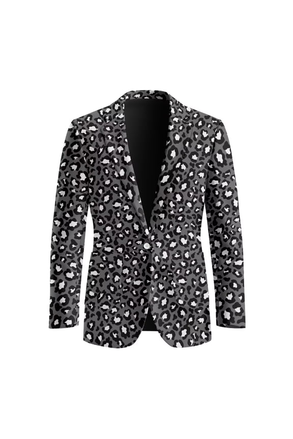 Gray Leopard Print Men's Suit Slim Fit One Button Open Front Blazer with 2 Pockets Long Sleeve Jacket for Wedding,Dinner,Prom,Party,S