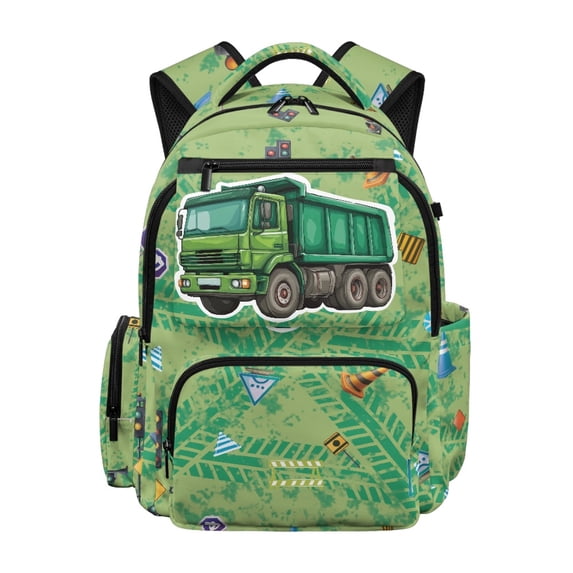 Chririnla Green Dump Truck Pattern Kids School Backpack for Girls with Breathable, Soft Lightweight 17 Inch Toddler Bookbag for Outdoor Activities Middle School