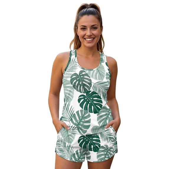 Chririnla Green Monstera Leaves Tankini Bathing Suits with Swim Shorts Round Neck Swimsuits Tummy Control Sleeveless Swimwear Sports Swim Tank Top Shorts for Women S-6XL