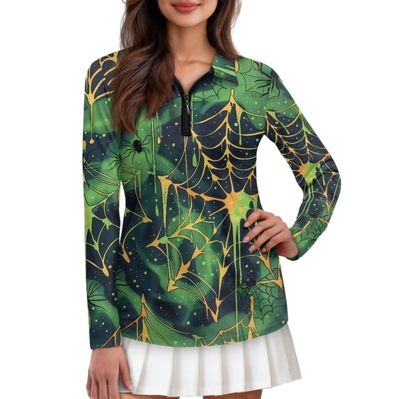 Chririnla Green Spider Web Halloween Funny Print Women's Long Sleeve Shirt Quick Dry Golf Tennis Moisture Wicking Sports Shirts Tops Slim Fit Straight Blouses for Holiday,XS