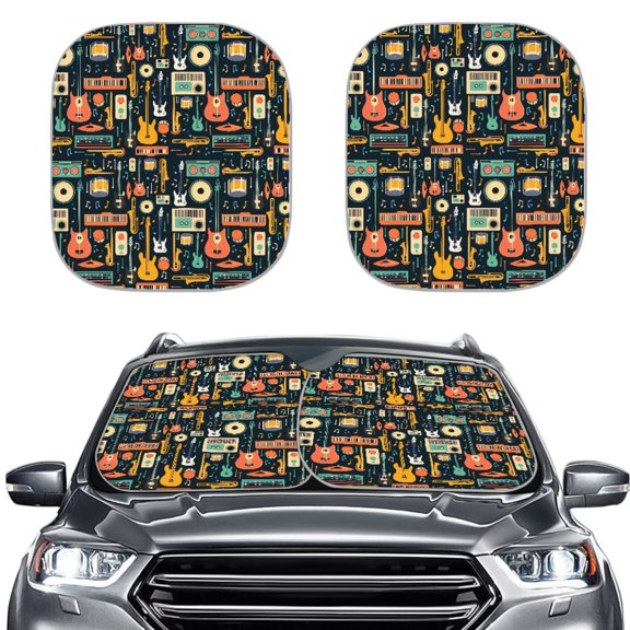 Chririnla Guitar Drum Pattern Windshield Sun Shade for Car 2 Pack Set Pop Up Auto Sun Shade Washable UV Rays Reflector Automotive Interior Sun Visor Perfect for Holiday Parking