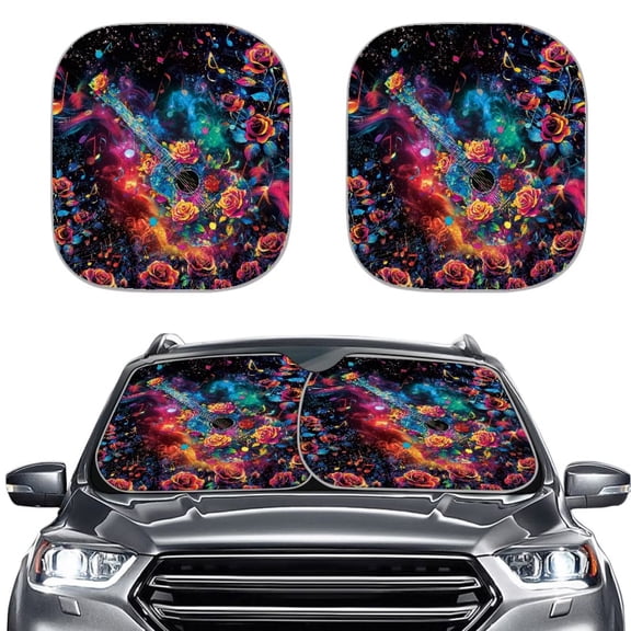 Chririnla Guitar Rose Windshield Sun Shade for Car 2 Piece Set Foldable Neon Auto Sun Cover UV Protector Vehicle Interior Sun Visor Great for Daily Parking Use