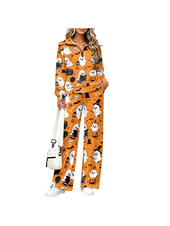 Halloween 2 Piece Sweatsuits with Cute Ghost Pumpkin, Oversized Matching Loungewear for Women Fall Winter Casual Errands