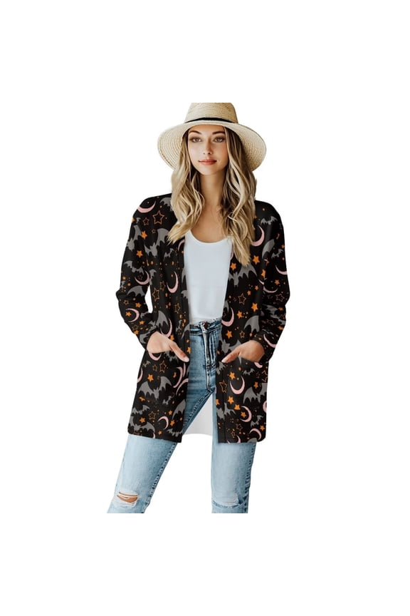 Halloween Black Bat Womens Long Sleeve Lightweight Cardigans Kimono Coverups Classic Open Front Cardigans Drape Fall Long Sleeve Sweater Outwear Loose Coat with Pockets