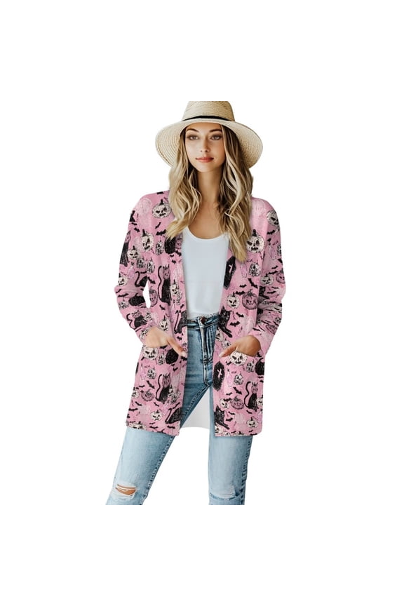 Halloween Black Cat Bat Pink Pumpkin Cardigan Sweater for Women Open Front Cardigans Sweaters Casual Long Sleeve Fall Elegant Coat Lightweight Loose Tops Outerwear with Pockets