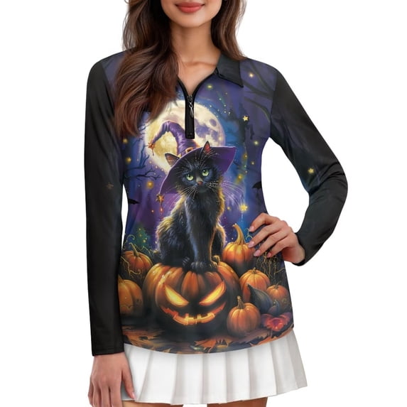 Chririnla Halloween Black Cat Halloween Funny Print Moisture Wicking Women's Long Sleeve Shirt Quick Dry Golf Tennis Sports Shirts Tops Slim Fit Straight Blouses for Holiday,M