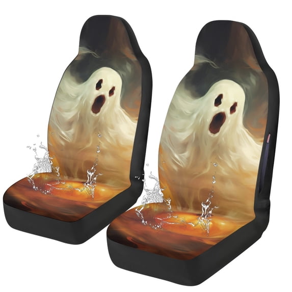 Chririnla Halloween Car Seat Covers Featuring Spooky Ghost Pattern, 2 Piece Polyester Set, Washable Easy to Install Interior Accessories for Auto Vans