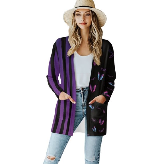 Chririnla Halloween Cartoon Bats Purple Stripes Cardigan Sweaters for Women Long Sleeve Cardigan Soft Open Front Fall Winter Jackets Dressy Loose Coat Outerwear